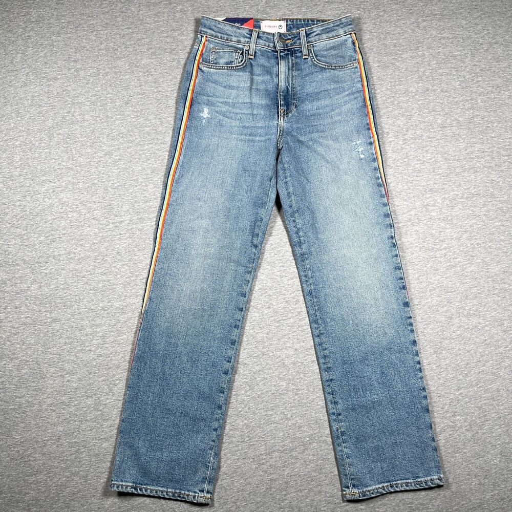 Sundry Jeans Womens 25 Blue Straight Mid Rise Distressed Stripe Star USA